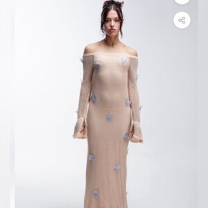 Beige Knit Maxi Dress with Blue Butterfly Accents